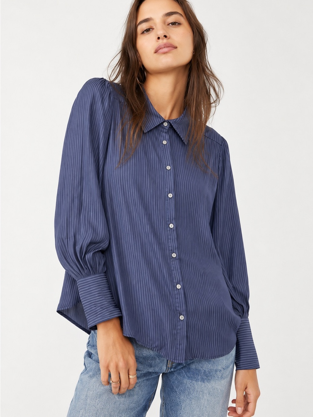 Free People Serena Silky Shirt Blue Pinstripe Button Down Size S